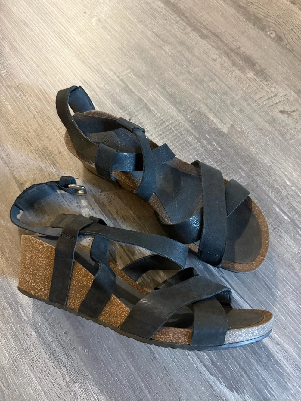 Teva Mahonia Black Leather Wedge Cross Strap Sandals